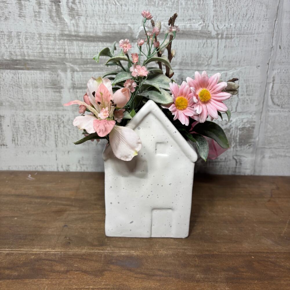 White Ceramic House Vase with Faux Flowers